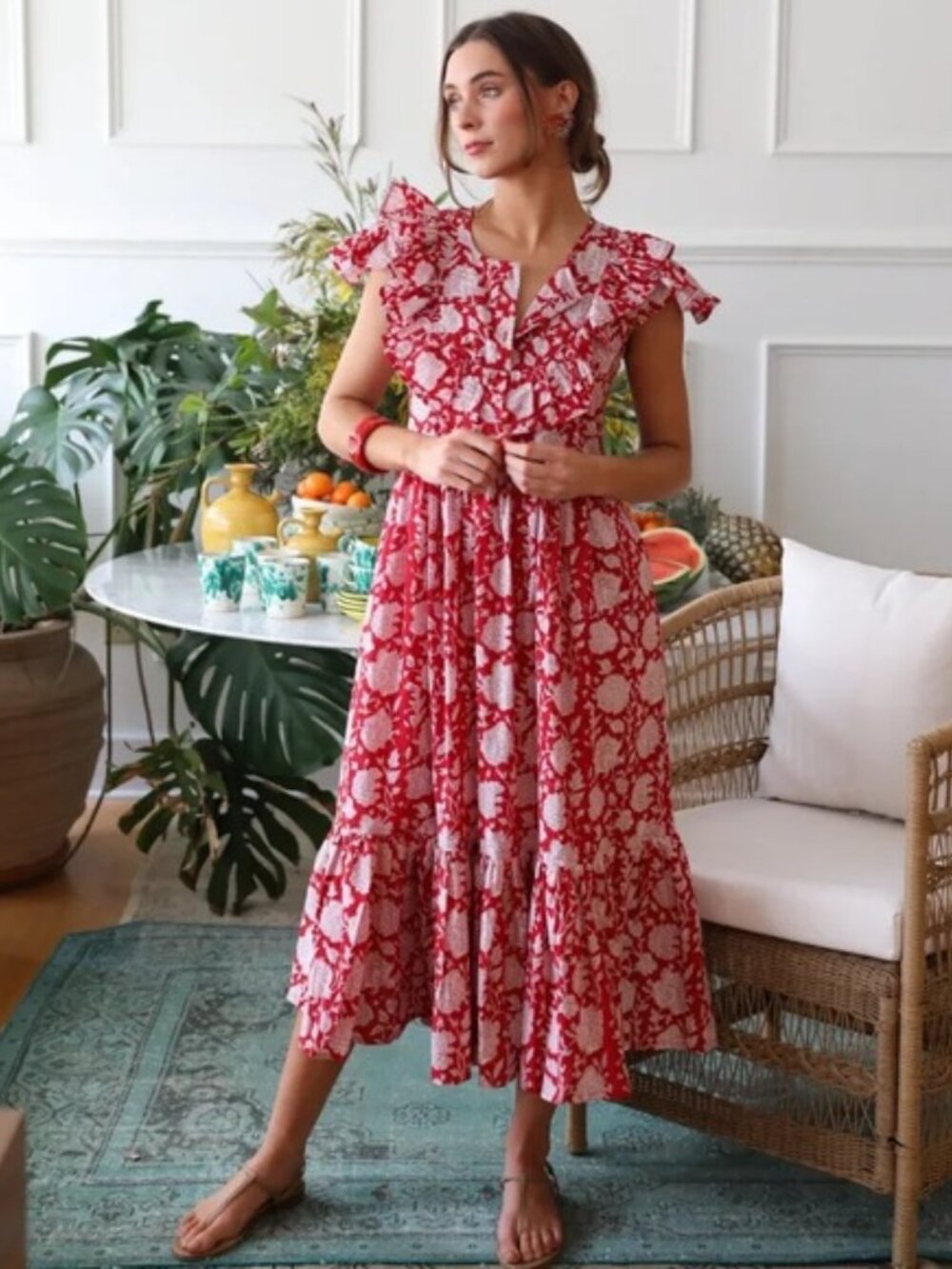 ✨ Mille "Clementine" Floral Block-Print Ruffle Tiered Midi Dress Size XS✨